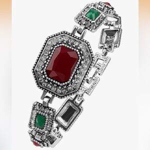 🆕 Vintage Turkish Jewelry Antique Silver Plated Polygonal Colorful Rhinestone